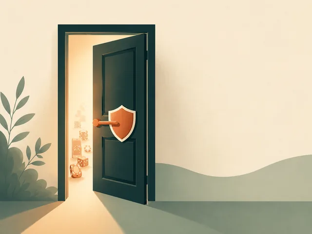 Ilustracao editorial sobre auto-exclusao SRIJ: porta protectora a fechar-se simbolizando o registo voluntario que bloqueia o jogo online em casinos licenciados em Portugal.