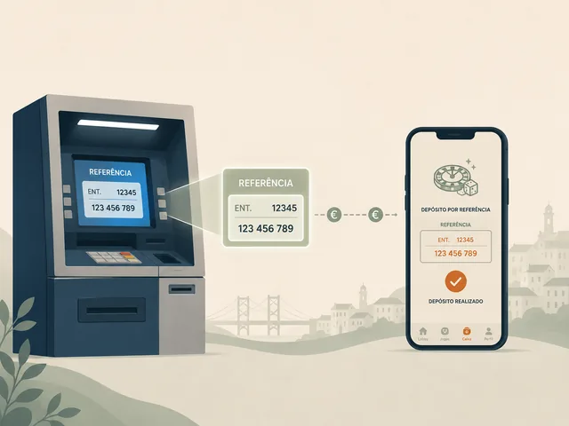 Ilustracao editorial sobre Multibanco em casinos online: caixa ATM a gerar referencia para deposito num casino online em Portugal.