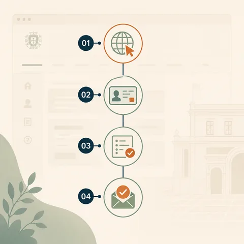 Diagrama vertical dos 4 passos para ativar a auto-exclusao no SRIJ: acesso ao portal, autenticacao, escolha do periodo e confirmacao por email.