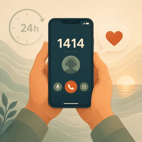 Ilustracao de maos a segurar um telemovel com o numero 1414, a linha de apoio gratuita 24 horas do jogo responsavel em Portugal.