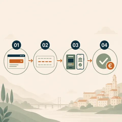 Diagrama horizontal dos 4 passos para depositar com Multibanco num casino online: caixa, referencia gerada, pagamento ATM ou app, credito confirmado.